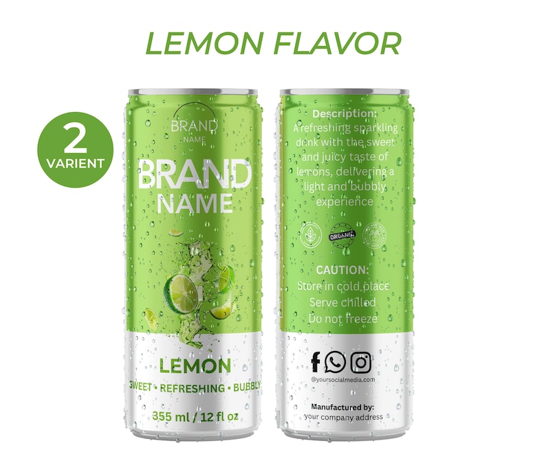 Op de afbeelding: Twee groene aluminium blikjes met citroensmaak frisdrank. De blikjes hebben waterdruppels en de tekst "LEMON FLAVOR", "BRAND NAME" en "LEMON". Elk blikje bevat 355 ml.