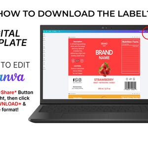 Op de afbeelding: Een laptop toont een digitaal sjabloon voor een aardbeienlabel. De tekst 'HOE DOWNLOAD IK HET LABEL?' en 'DIGITALE SJABLOON' zijn zichtbaar. Het label heeft een rode achtergrond, een aardbeienafbeelding en het woord 'AARDBEI'. Instructies zijn inbegrepen.