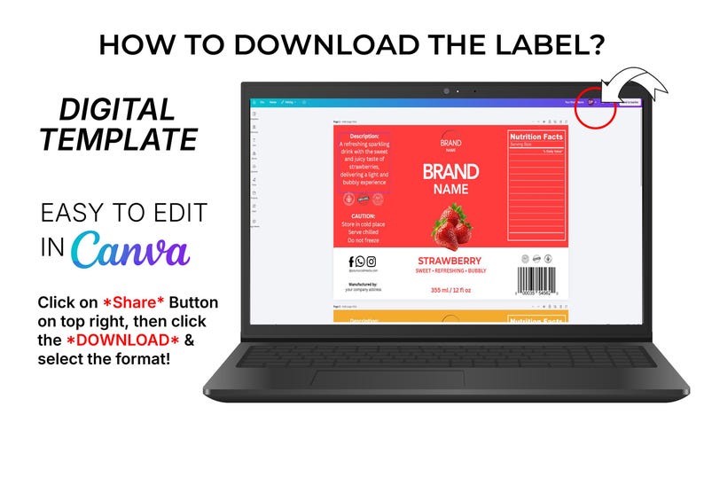 Op de afbeelding: Een laptop toont een digitaal sjabloon voor een aardbeienlabel. De tekst 'HOE DOWNLOAD IK HET LABEL?' en 'DIGITALE SJABLOON' zijn zichtbaar. Het label heeft een rode achtergrond, een aardbeienafbeelding en het woord 'AARDBEI'. Instructies zijn inbegrepen.