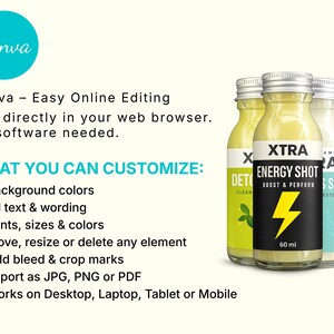 Pu&ograve; includere: Immagine che promuove le funzionalit&agrave; di editing online di Canva. L'immagine mostra tre piccole bottiglie etichettate "XTRA ENERGY SHOT" con un'etichetta nera e un fulmine giallo. Il testo evidenzia le opzioni di personalizzazione come colori di sfondo e caratteri.