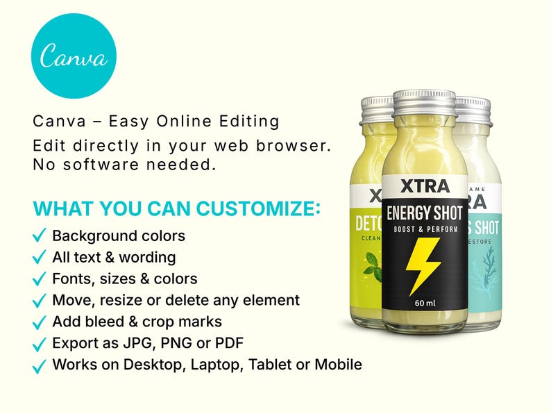 Pu&ograve; includere: Immagine che promuove le funzionalit&agrave; di editing online di Canva. L'immagine mostra tre piccole bottiglie etichettate "XTRA ENERGY SHOT" con un'etichetta nera e un fulmine giallo. Il testo evidenzia le opzioni di personalizzazione come colori di sfondo e caratteri.