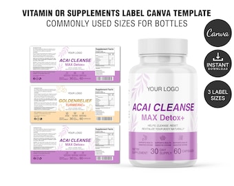 Modello di etichetta per integratori modificabile, vitamine, collagene, Canva (download immediato)