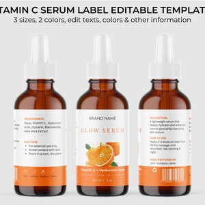 Puede incluir: Tres botellas de vidrio &aacute;mbar de s&eacute;rum de vitamina C con etiquetas blancas y cuentagotas. Las etiquetas incluyen ingredientes, instrucciones de uso y el texto "GLOW SERUM". Las botellas est&aacute;n etiquetadas "Vitamin C + Hyaluronic Acid" y son de 60 ml.