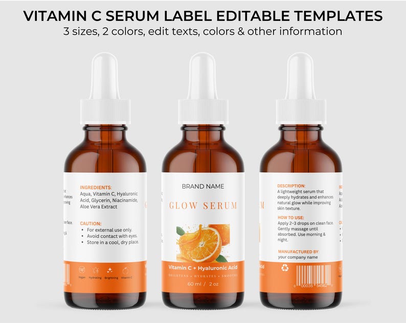 Puede incluir: Tres botellas de vidrio &aacute;mbar de s&eacute;rum de vitamina C con etiquetas blancas y cuentagotas. Las etiquetas incluyen ingredientes, instrucciones de uso y el texto "GLOW SERUM". Las botellas est&aacute;n etiquetadas "Vitamin C + Hyaluronic Acid" y son de 60 ml.