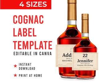 Modelo de rótulo de conhaque personalizado, editável no Canva para aniversários, bodas e casamentos (download digital)