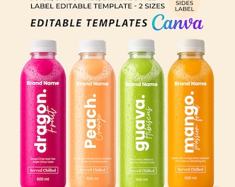 Modelo de rótulo editável para garrafa de suco de manga, design de adesivo para rótulo de frutas frescas, rótulo para bebidas, rótulo para shots, rótulo para smoothies, modelo digital
