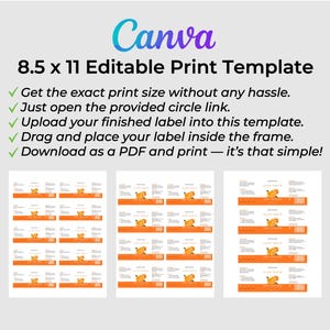 Puede incluir: Una plantilla de Canva para impresiones editables de tama&ntilde;o A4. La plantilla incluye instrucciones para crear etiquetas f&aacute;cilmente. El dise&ntilde;o presenta varias etiquetas naranjas con un gr&aacute;fico de frutas. El texto dice: "Obt&eacute;n el tama&ntilde;o de impresi&oacute;n exacto sin problemas."