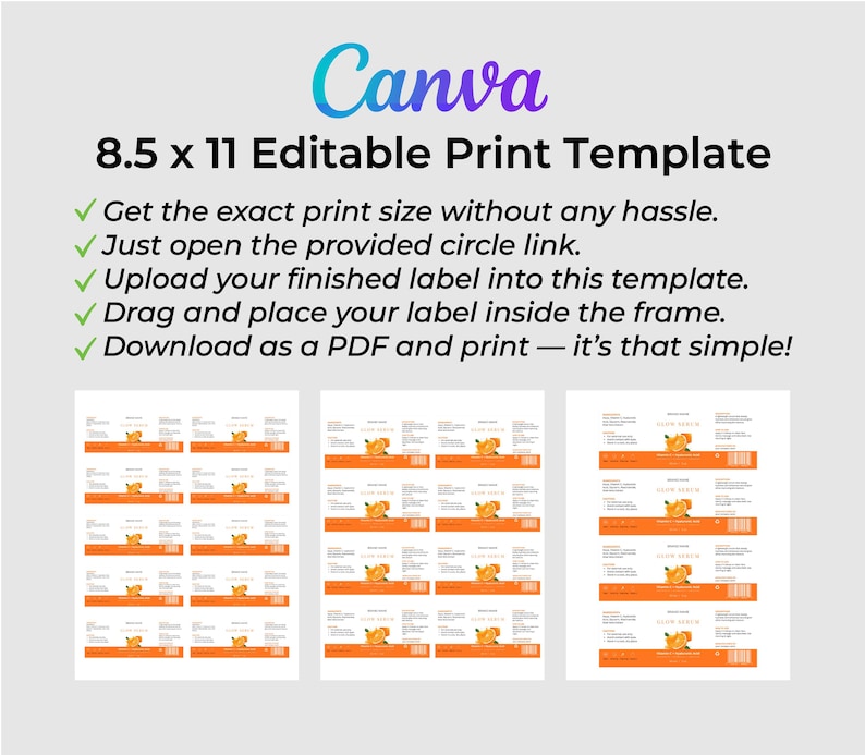 Puede incluir: Una plantilla de Canva para impresiones editables de tama&ntilde;o A4. La plantilla incluye instrucciones para crear etiquetas f&aacute;cilmente. El dise&ntilde;o presenta varias etiquetas naranjas con un gr&aacute;fico de frutas. El texto dice: "Obt&eacute;n el tama&ntilde;o de impresi&oacute;n exacto sin problemas."