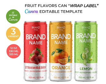 Bewerkbare labelsjabloon blikje energiedrank, etiketsjabloon fruitblikje, sinaasappel, citroen, aardbei | 330 ml 355 ml omslagontwerp (canva)