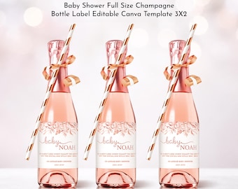 Rótulos para Garrafas de Champanhe Tamanho Normal para Chá de Bebê, Modelo de Rótulo Imprimível e Editável para Lembrancinhas de Champanhe, Estampa Floral Rosa e Bordô