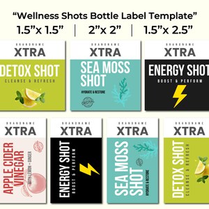 Modello di etichetta per shot benessere su Canva / Etichetta per bottiglia di shot immunitario a base di sidro di mele, alghe marine e detox / Etichetta modificabile per bevanda salutare immagine 2