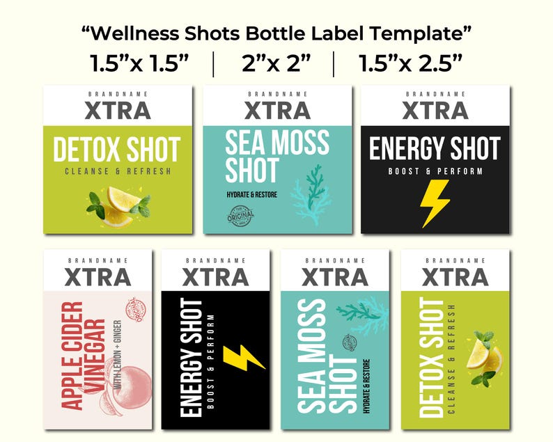 Modello di etichetta per shot benessere su Canva / Etichetta per bottiglia di shot immunitario a base di sidro di mele, alghe marine e detox / Etichetta modificabile per bevanda salutare immagine 2