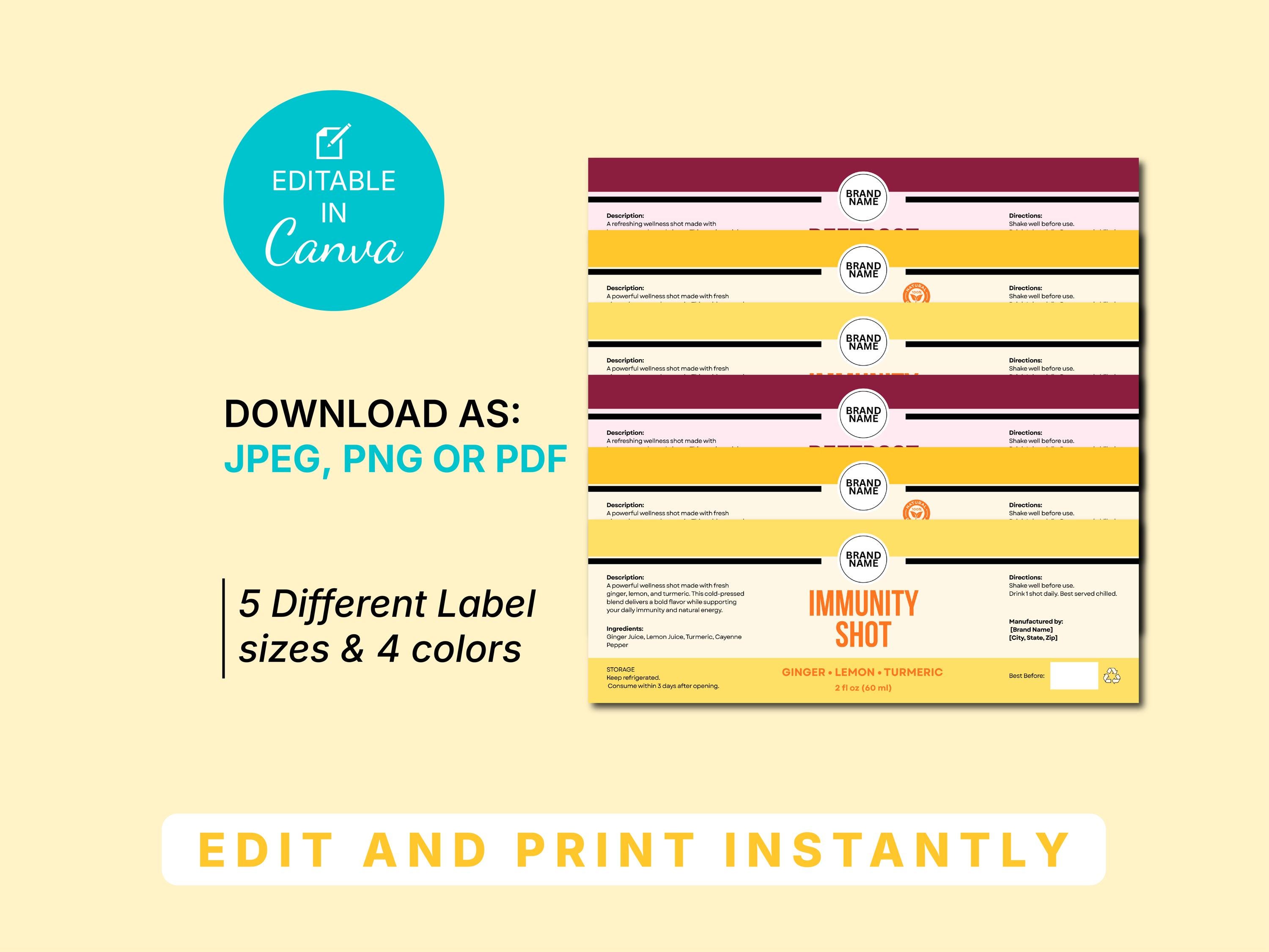 Spent Shot Labels Wellness Shot Label Template Canva | Ginger, Turmeric, Immunity Juice ...
