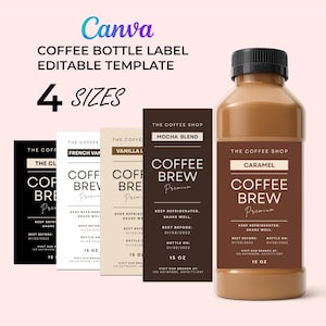 Peut inclure: Une bouteille de café avec un bouchon noir et une étiquette marron indiquant "Caramel Coffee Brew Premium". L'image montre également quatre modèles d'étiquettes de bouteilles de café avec le texte "Coffee Bottle Label Editable Template" et "4 Sizes".
