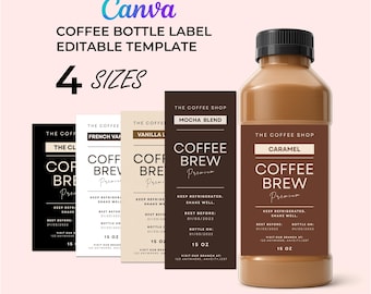Etichette per bottiglie di caffè, etichette per caffè freddo, etichette per caffè latte, modello di etichetta per cold brew, modello di etichetta per caffè personalizzato modificabile su Canva