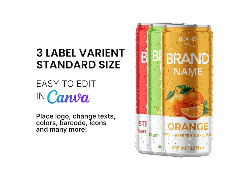 Op de afbeelding: Drie drankblikjes met rode, groene en oranje etiketten. Het oranje blikje toont sinaasappels en de tekst "ORANGE", met een volume van 365 ml. De afbeelding bevat ook tekst over bewerken in Canva en "BRAND NAME".