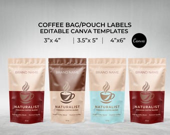 Modelo de etiquetas editáveis para sacos de café no Canva, adesivos imprimíveis para embalagens de grãos de café, etiquetas personalizadas para embalagens de café, etiquetas para café expresso.