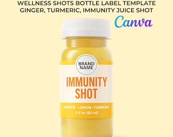 Modello di etichetta per shot benessere su Canva / Etichetta per bottiglia di shot di succo di zenzero, curcuma e immunostimolante / Etichetta modificabile per bevanda salutare / Shot di integratore