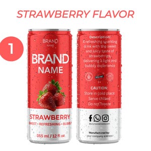 Op de afbeelding: Twee rode blikjes aardbeiensmaak bruisende drank. Elk blikje heeft de tekst "BRAND NAME" en een aardbeiengrafiek. De blikjes zijn gelabeld met "STRAWBERRY" en "355 ml".