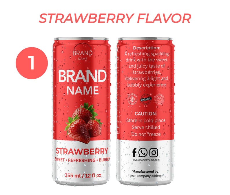 Op de afbeelding: Twee rode blikjes aardbeiensmaak bruisende drank. Elk blikje heeft de tekst "BRAND NAME" en een aardbeiengrafiek. De blikjes zijn gelabeld met "STRAWBERRY" en "355 ml".
