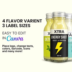 Pu&ograve; includere: Tre piccole bottiglie di vetro con coperchi argentati, ciascuna contenente un liquido giallo. La bottiglia centrale ha un'etichetta nera con un fulmine giallo e le parole "XTRA ENERGY SHOT". &Egrave; visibile anche il testo "4 VARIANTI DI GUSTO" e "3 DIMENSIONI DI ETICHETTA".
