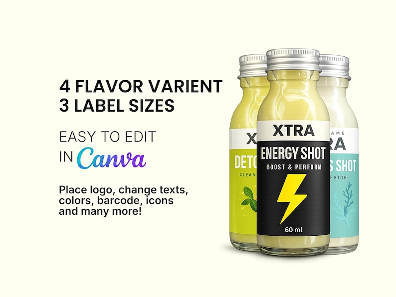 Pu&ograve; includere: Tre piccole bottiglie di vetro con coperchi argentati, ciascuna contenente un liquido giallo. La bottiglia centrale ha un'etichetta nera con un fulmine giallo e le parole "XTRA ENERGY SHOT". &Egrave; visibile anche il testo "4 VARIANTI DI GUSTO" e "3 DIMENSIONI DI ETICHETTA".