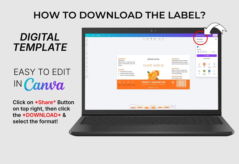 Puede incluir: Una pantalla de port&aacute;til muestra una plantilla digital para una etiqueta de producto, con el texto "GLOW SERUM" y un gr&aacute;fico naranja. Se muestran instrucciones sobre c&oacute;mo descargar la etiqueta, con el texto "EASY TO EDIT IN Canva".