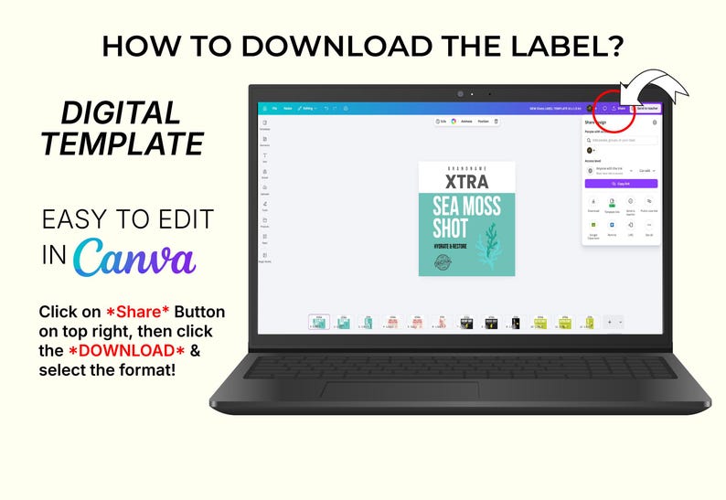 Pu&ograve; includere: Un laptop mostra un modello digitale per un'etichetta "Sea Moss Shot". Il testo recita "Come scaricare l'etichetta?" e "Facile da modificare in Canva". Le istruzioni guidano l'utente a scaricare il formato.