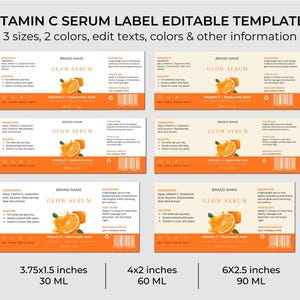 Puede incluir: Plantillas de etiquetas de s&eacute;rum de vitamina C en naranja y blanco, en tres tama&ntilde;os: 3,75x1,5 pulgadas, 4x2 pulgadas y 6x2,5 pulgadas. Las etiquetas muestran el texto "GLOW SERUM" y una ilustraci&oacute;n de una naranja. Para botellas de 30 ml, 60 ml y 90 ml.