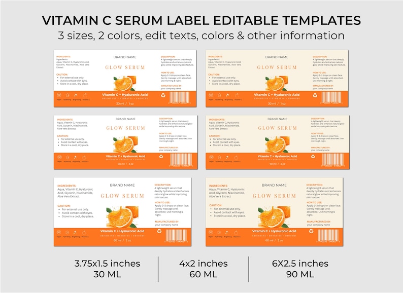 Puede incluir: Plantillas de etiquetas de s&eacute;rum de vitamina C en naranja y blanco, en tres tama&ntilde;os: 3,75x1,5 pulgadas, 4x2 pulgadas y 6x2,5 pulgadas. Las etiquetas muestran el texto "GLOW SERUM" y una ilustraci&oacute;n de una naranja. Para botellas de 30 ml, 60 ml y 90 ml.