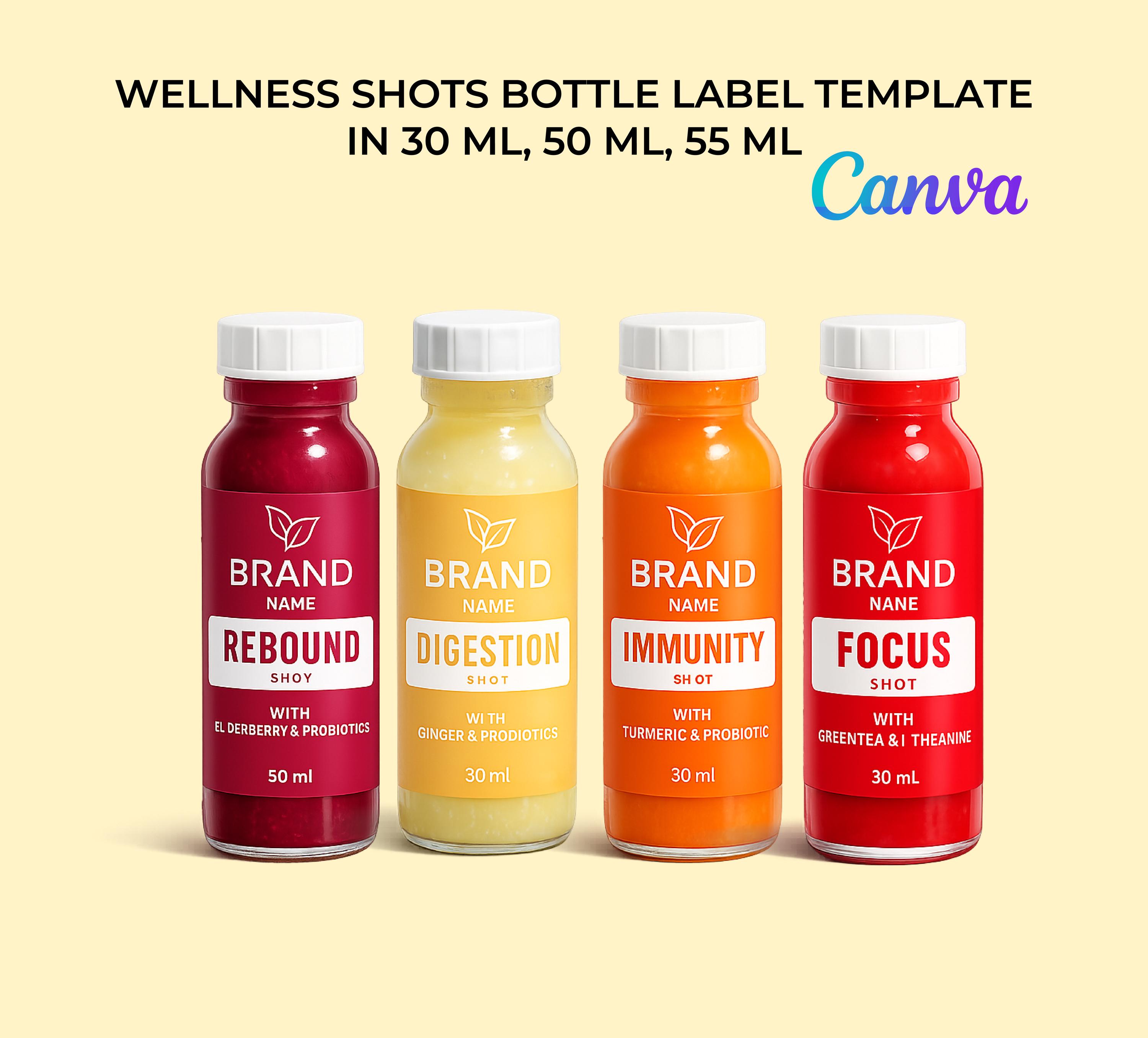 Wellness Shot Bottle Label Templates | Editable Canva Juice Shot Labels ...