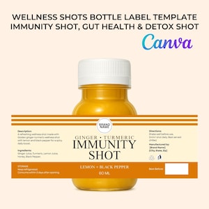 Puede incluir: Una pequeña botella de shot de bienestar amarilla con una tapa blanca. La etiqueta dice "Ginger Turmeric Immunity Shot" con "Lemon + Black Pepper" y "60 ml". La etiqueta también incluye el texto "Wellness Shots Bottle Label Template".