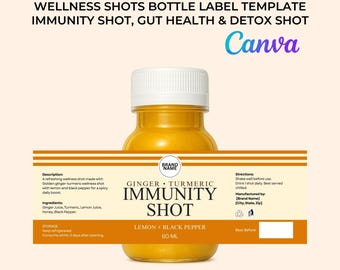 Modelo de Rótulo para Shot de Bem-Estar no Canva | Saúde Intestinal, Shot Detox, Rótulo para Garrafa de Shot de Imunidade | Rótulo Editável para Bebida Saudável | Shot de Suplemento