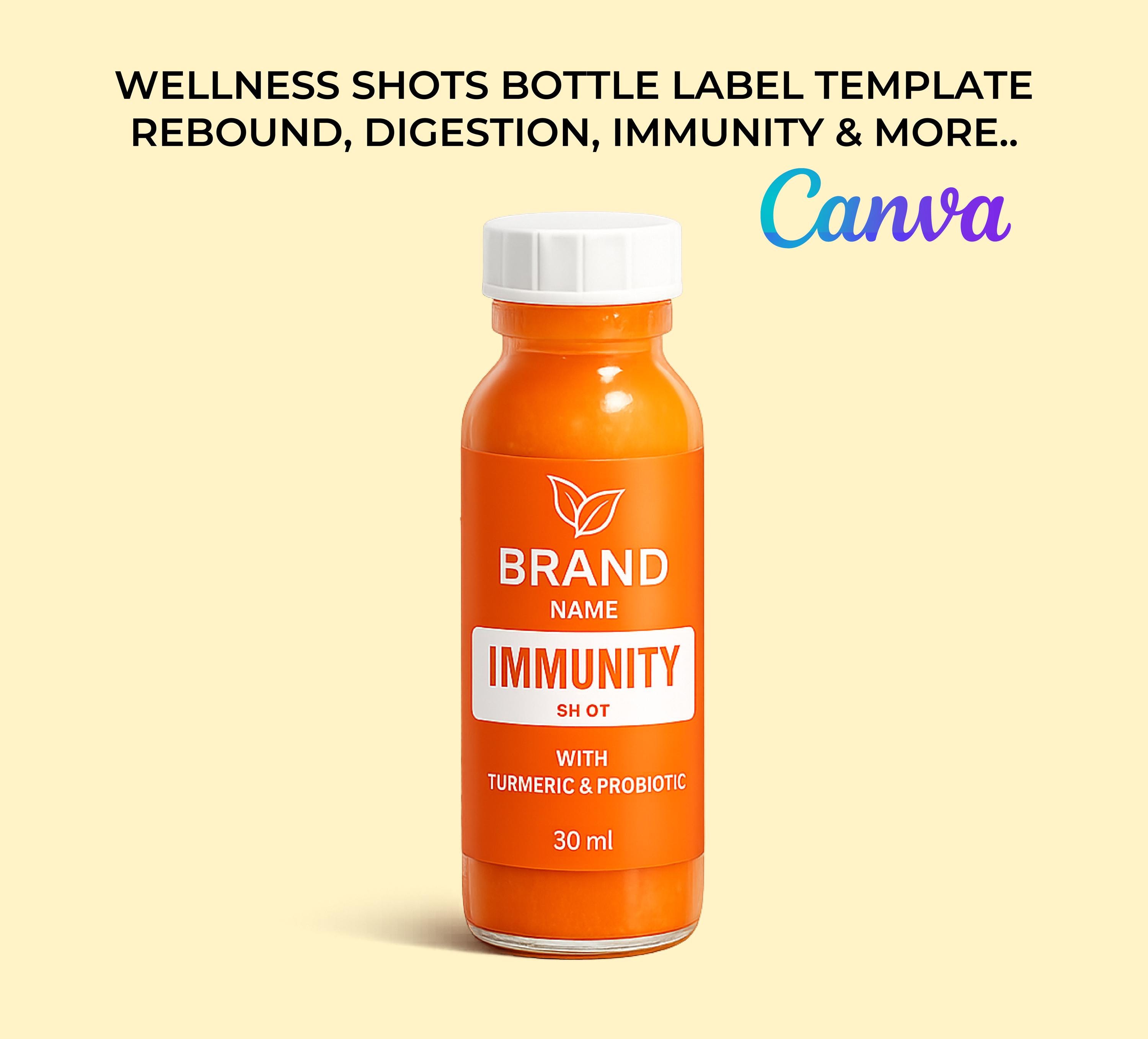 Wellness Shot Bottle Label Templates | Editable Canva Juice Shot Labels ...