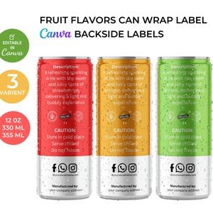Op de afbeelding: Drie blikjes frisdrank met fruitsmaak met etiketten op de achterkant. De blikjes zijn rood, oranje en groen, elk met een andere smaakbeschrijving. De etiketten bevatten de tekst "FRUIT FLAVORS CAN WRAP LABEL" en "Canva BACKSIDE LABELS". Elk blikje is 355 ml.