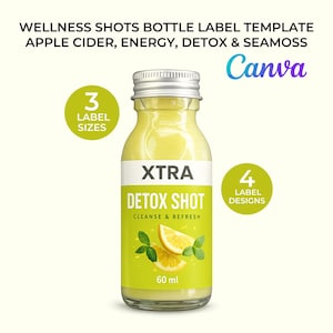 Modello di etichetta per shot benessere su Canva / Etichetta per bottiglia di shot immunitario a base di sidro di mele, alghe marine e detox / Etichetta modificabile per bevanda salutare immagine 1