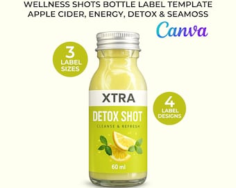 Labelsjabloon wellnessshot canva | Detox, appelcider, zeemos Immuniteit Shotflessap Etiket | Bewerkbaar etiket gezondheidsdrank