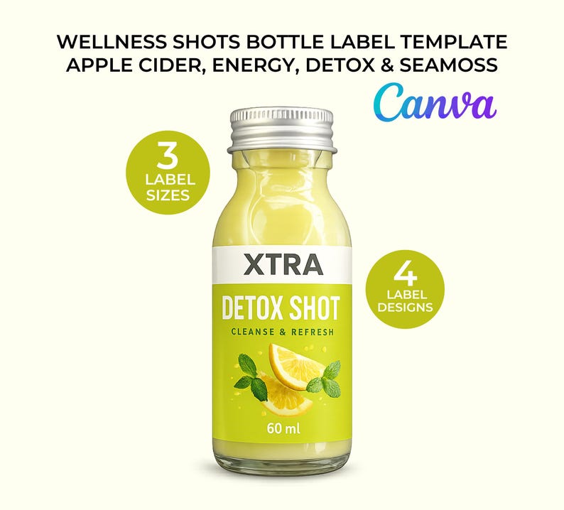 Modello di etichetta per shot benessere su Canva / Etichetta per bottiglia di shot immunitario a base di sidro di mele, alghe marine e detox / Etichetta modificabile per bevanda salutare immagine 1