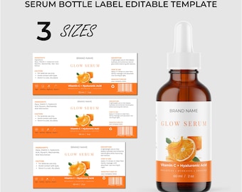 Modelo de rótulo para sérum de vitamina C editável, design minimalista para frasco de cosméticos, disponível para download instantâneo no Canva.