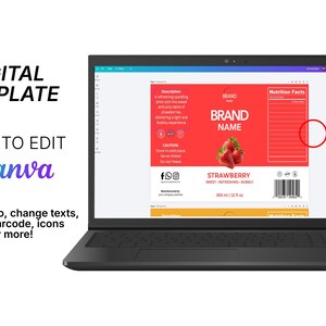 Op de afbeelding: Een laptop toont een digitaal sjabloon voor een aardbeidranklabel. Het label heeft een rode achtergrond met "BRAND NAME" en "STRAWBERRY". De tekst op het scherm luidt "DIGITAL TEMPLATE" en "EASY TO EDIT IN Canva." 595 ml.