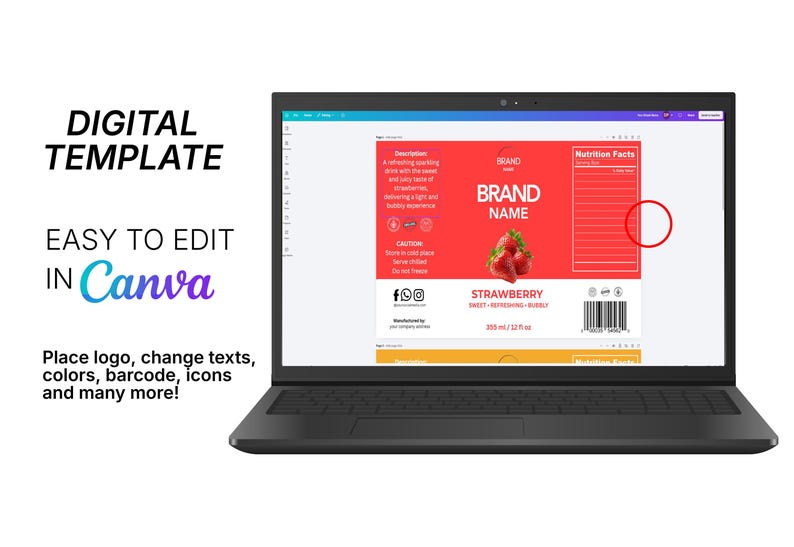 Op de afbeelding: Een laptop toont een digitaal sjabloon voor een aardbeidranklabel. Het label heeft een rode achtergrond met "BRAND NAME" en "STRAWBERRY". De tekst op het scherm luidt "DIGITAL TEMPLATE" en "EASY TO EDIT IN Canva." 595 ml.