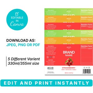 Op de afbeelding: Een productetiket sjabloon met een aardbeienthema. Het etiket heeft een rode achtergrond met de woorden "Strawberry" en "Brand Name". Het etiket bevat ook de tekst "Edit and Print Instantly".