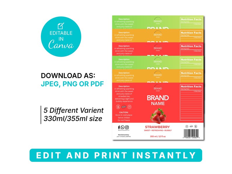 Op de afbeelding: Een productetiket sjabloon met een aardbeienthema. Het etiket heeft een rode achtergrond met de woorden "Strawberry" en "Brand Name". Het etiket bevat ook de tekst "Edit and Print Instantly".