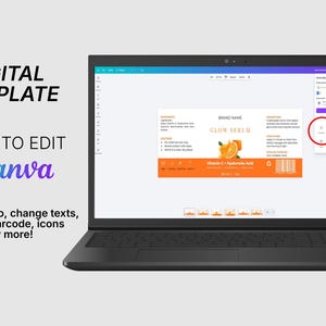 Puede incluir: Un port&aacute;til muestra una plantilla digital para una etiqueta de producto para el cuidado de la piel. La etiqueta presenta el texto "GLOW SERUM" y una imagen de una naranja. La pantalla tambi&eacute;n muestra el texto "DIGITAL TEMPLATE" y "EASY TO EDIT IN Canva".