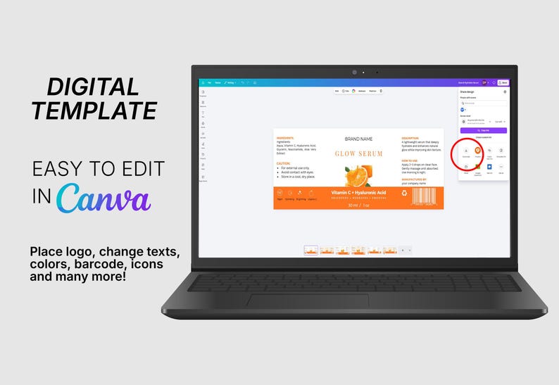 Puede incluir: Un port&aacute;til muestra una plantilla digital para una etiqueta de producto para el cuidado de la piel. La etiqueta presenta el texto "GLOW SERUM" y una imagen de una naranja. La pantalla tambi&eacute;n muestra el texto "DIGITAL TEMPLATE" y "EASY TO EDIT IN Canva".