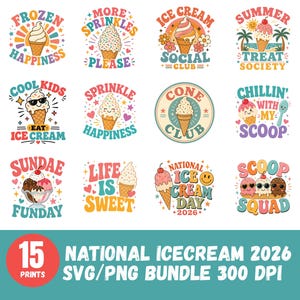Puede incluir: Una colección digital de 15 diseños gráficos coloridos con temática de helados que incluyen varios conos, copas y textos divertidos como Frozen Happiness, Sprinkle Happiness y Scoop Squad, presentados en una cuadrícula con una franja turquesa.