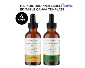 Etiquetas editáveis para conta-gotas de óleo capilar, modelo Canva, 4 tamanhos (download digital)