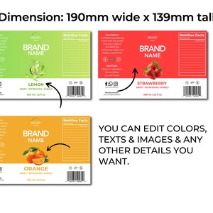 Op de afbeelding: Drie dranketiketontwerpen met de tekst "BRAND NAME". De etiketten zijn groen, rood en oranje en tonen elk een ander fruit: citroen, aardbei en sinaasappel. De etiketten zijn 190 mm breed en 139 mm hoog.