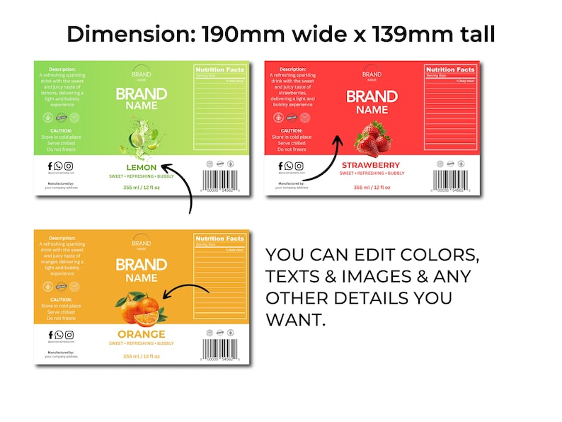 Op de afbeelding: Drie dranketiketontwerpen met de tekst "BRAND NAME". De etiketten zijn groen, rood en oranje en tonen elk een ander fruit: citroen, aardbei en sinaasappel. De etiketten zijn 190 mm breed en 139 mm hoog.