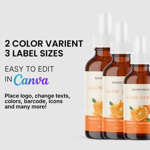 Puede incluir: Tres botellas de suero de vidrio &aacute;mbar con cuentagotas blancos. Cada botella tiene una etiqueta con el texto "GLOW SERUM" y un gr&aacute;fico de rodaja de naranja. La imagen tambi&eacute;n incluye texto: "2 VARIANTES DE COLOR, 3 TAMA&Ntilde;OS DE ETIQUETAS, F&Aacute;CIL DE EDITAR EN Canva."